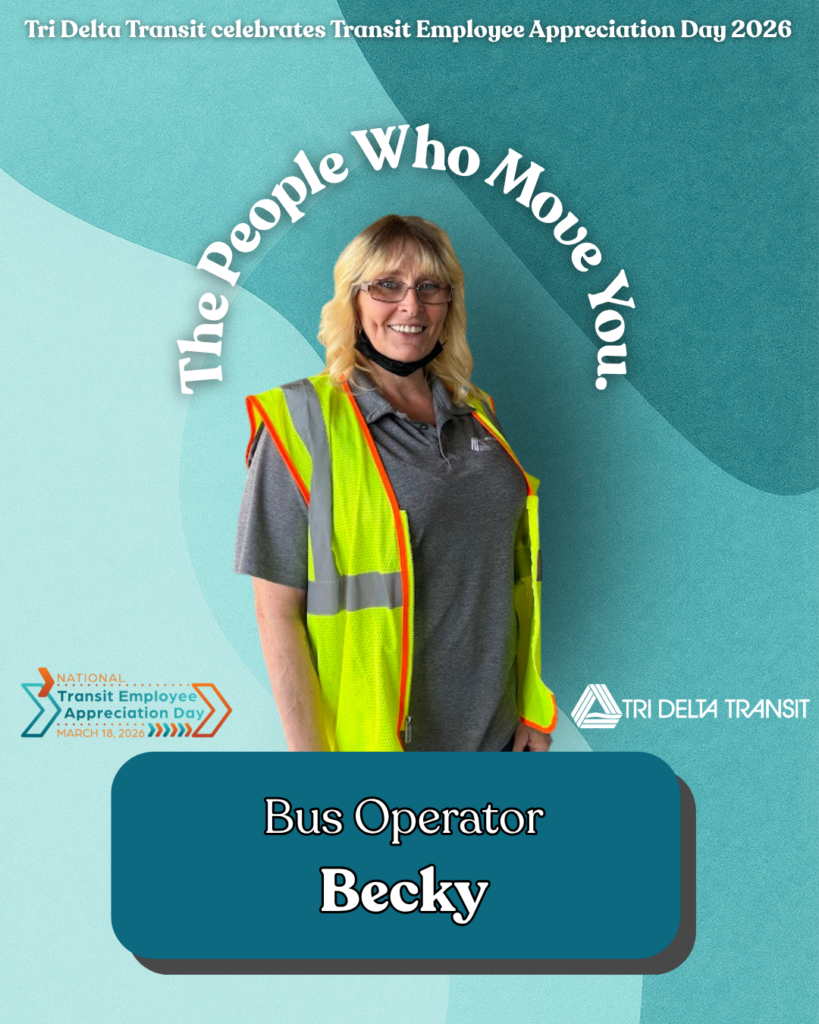 People who move us feature for Transit Employee Appreciation Day. Shows picture of road Professional Operator Becky on green/teal background