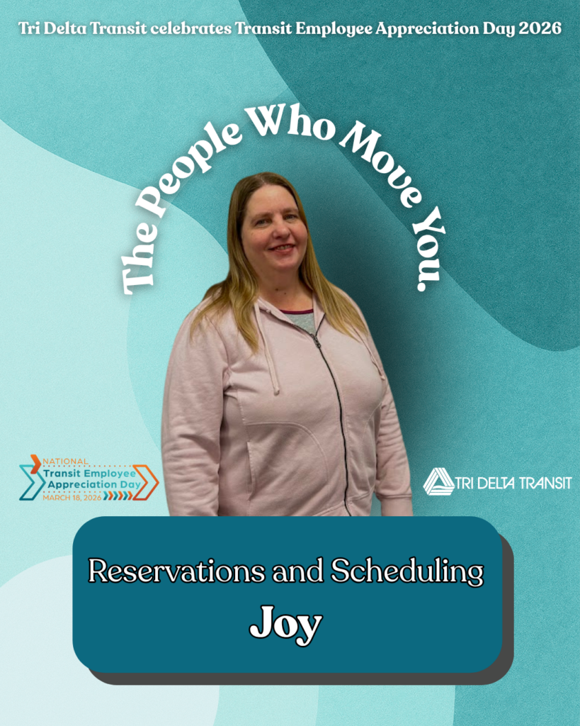 People who move us feature for Transit Employee Appreciation Day. Shows picture of Scheduler/Reservationist Joy on green/teal background