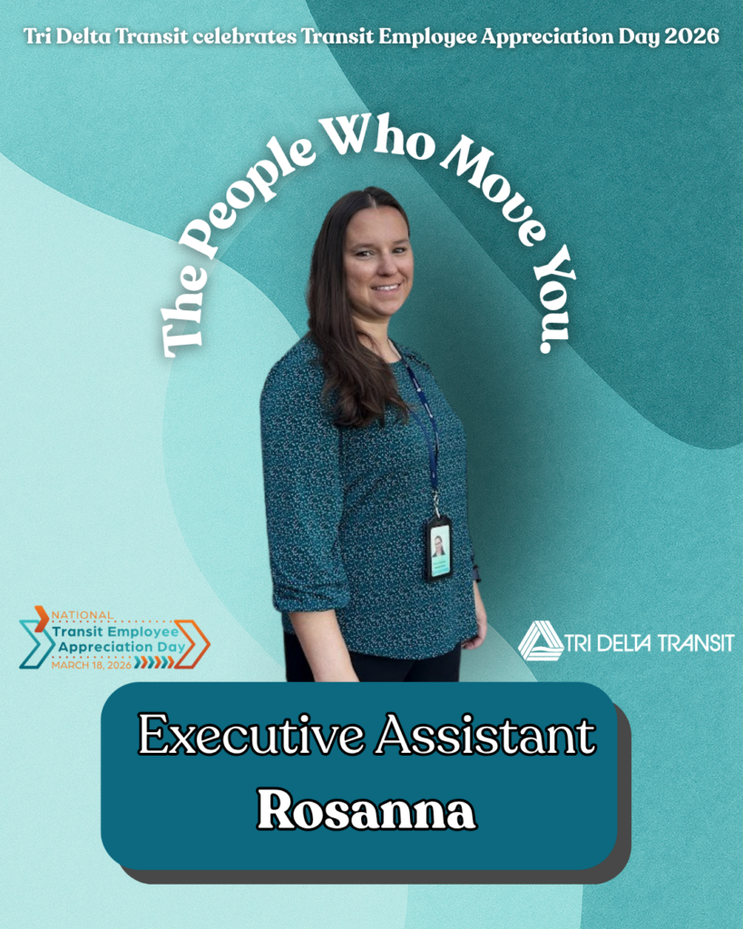 People who move us feature for Transit Employee Appreciation Day. Shows picture of Executive Assistant Rosanna on green/teal background