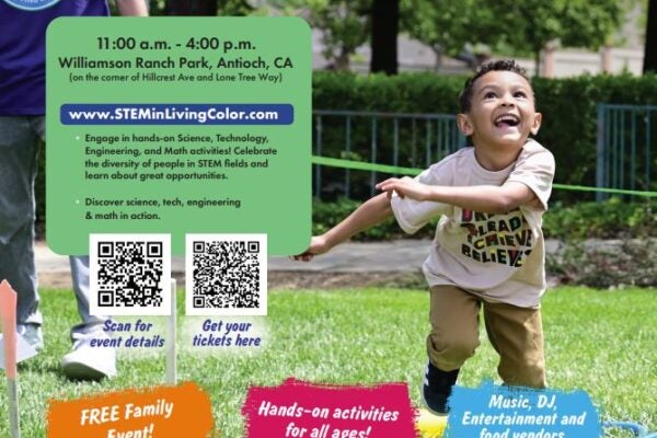 flier depicting children having fun flying a kite at the science stem event.