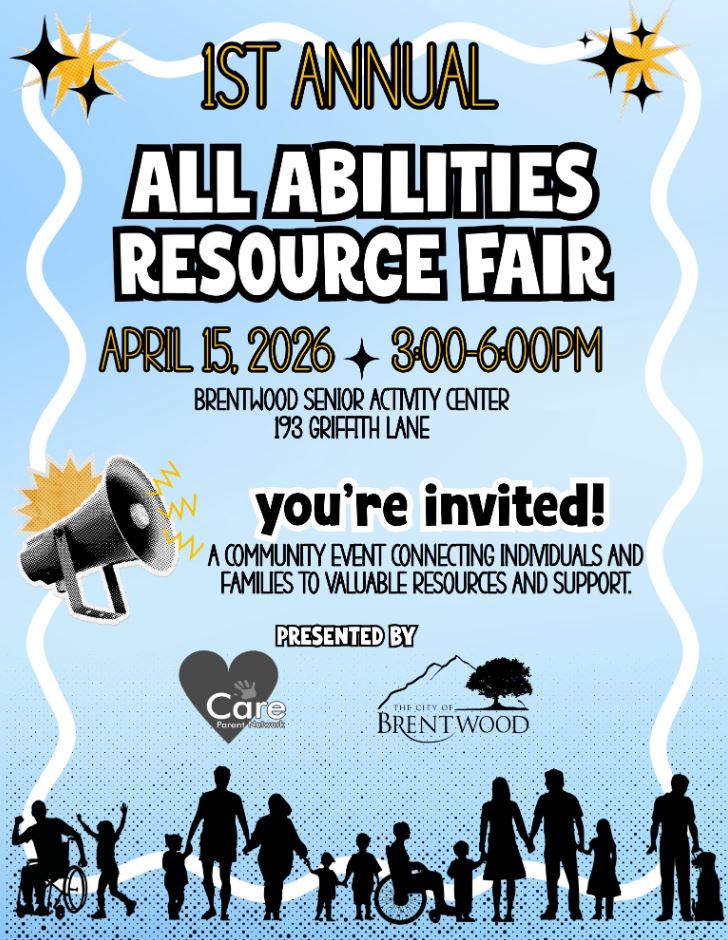 Poster showing people with disabilities advertising the All Abilities Fair on April 15th in Brentwood