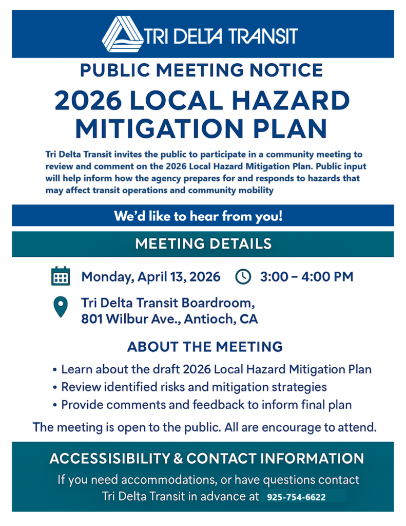 Flier outlining the Hazard Mitigation Plan public meeting on April 13th from 3-4 pm at 801 Wilbur Avenue - Tri Delta Transit admin offices.