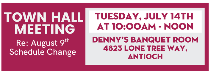Ad with Town Hall info July 14th Denny's Lone Tree 10-Noon for schedule change