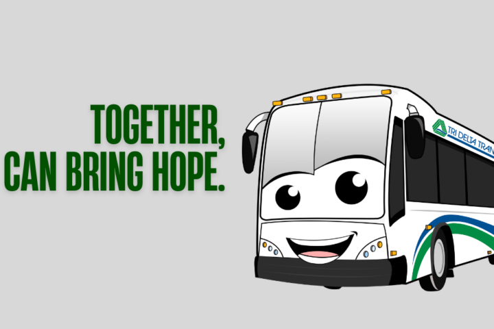 tommy transit cartoon bus with words Together, we can bring hope.
