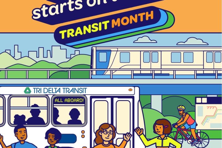 city scene cartoon with TDT and BART vehicles