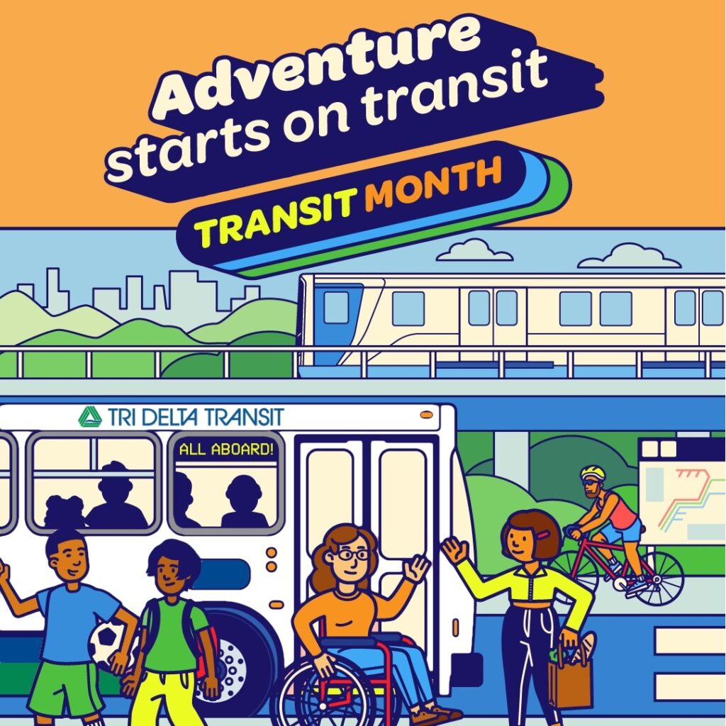 cartoon graphic showing people on transit for transit month