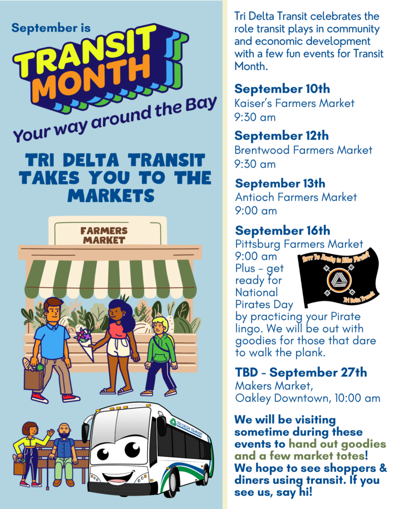 Transit month flier outlining the dates for Transit Month being Kaiser, Brentwood, Antioch and Pittsburg Farmers Markets.